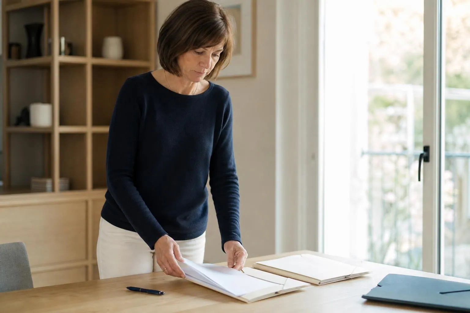 Femme d’une quarantaine d’années debout devant une table claire, glissant des feuilles imprimées dans une pochette cartonnée à élastique, dans une pièce lumineuse