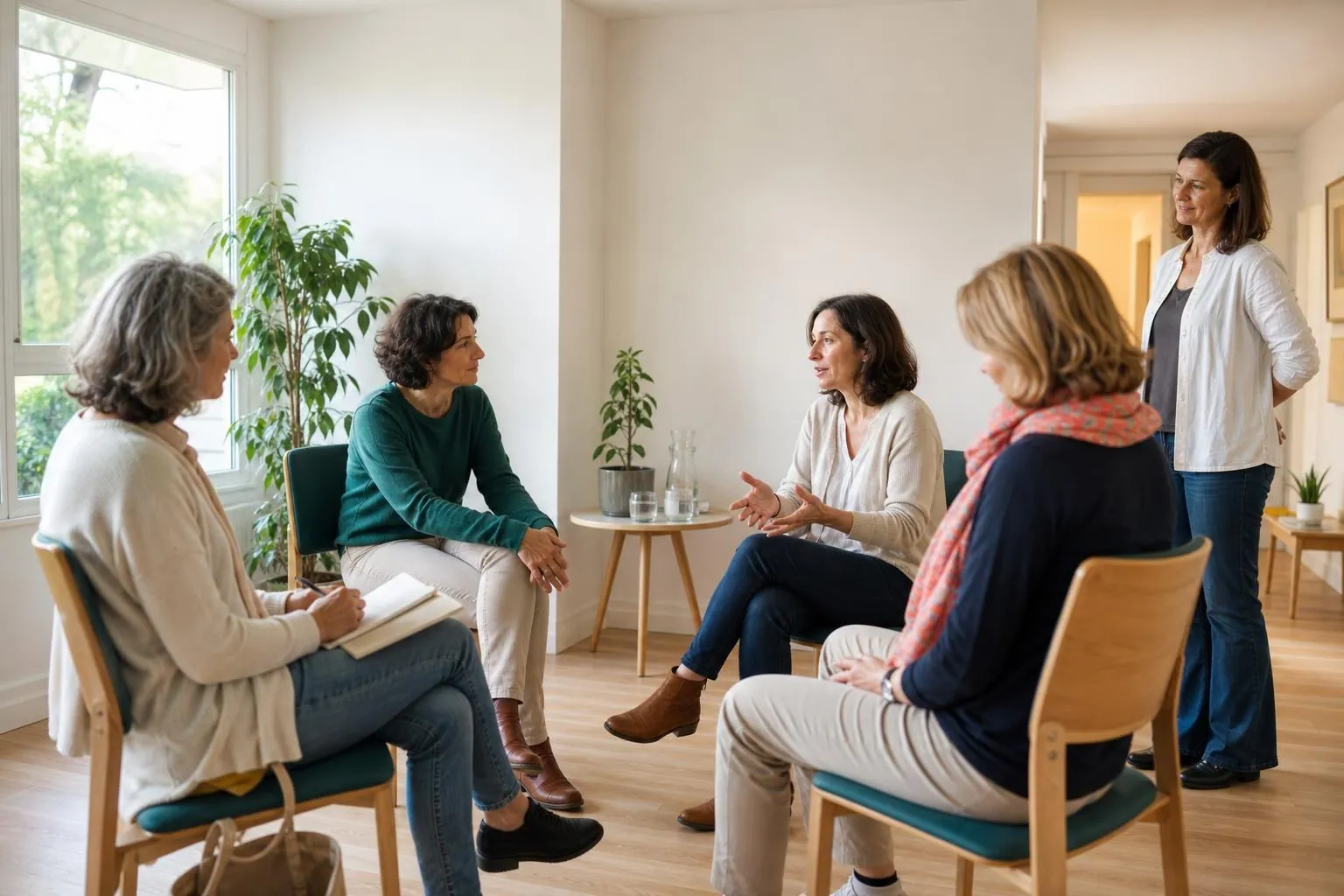 Petit groupe de quatre femmes de quarante à soixante ans assises en cercle sur des chaises claires lors d’un atelier, dans une salle lumineuse aux murs ivoire