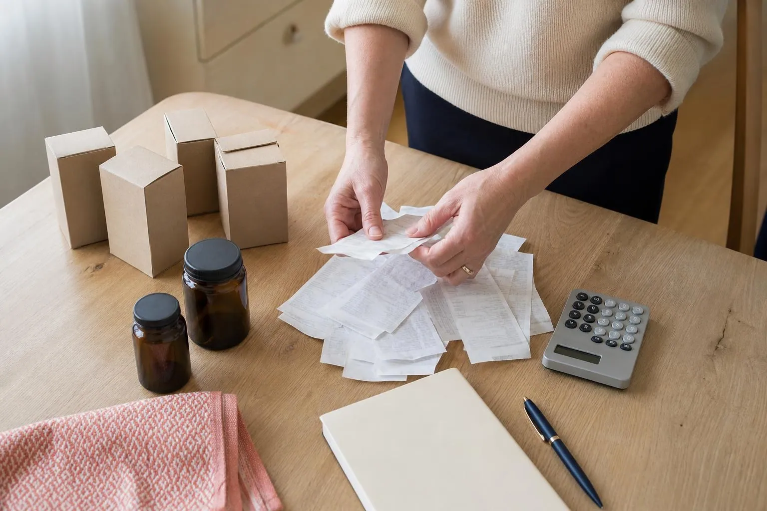 Mains d’une femme d’âge mûr posées sur une table de cuisine claire, avec plusieurs boîtes neutres de compléments, des tickets de caisse froissés et une calculatrice