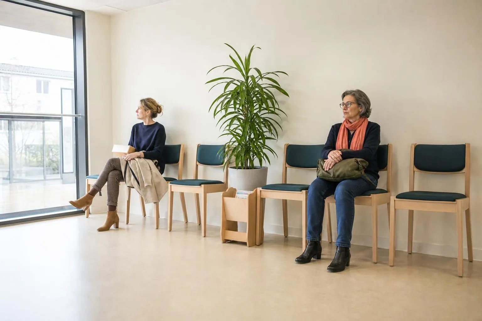 Salle d’attente claire d’une maison de santé, deux femmes assises à distance sur des chaises en bois, plantes vertes et grande fenêtre lumineuse