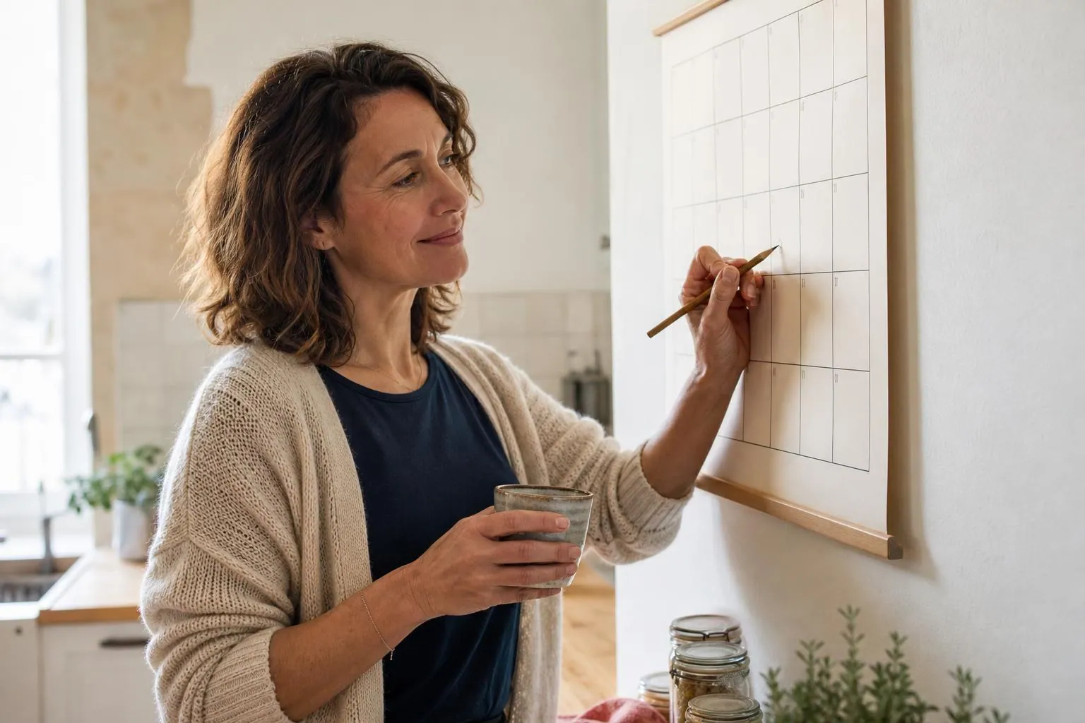 Femme d’une quarantaine d’années debout devant un calendrier mural en papier dans une cuisine claire, posant un repère au crayon sur une case