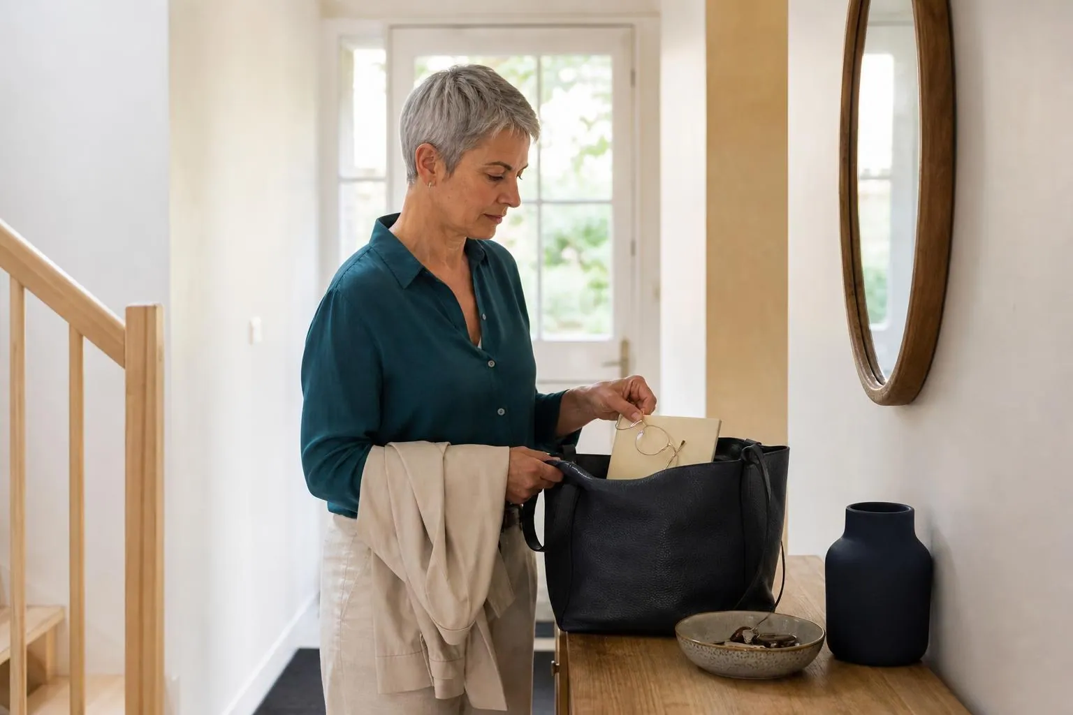 Femme d’une cinquantaine d’années dans son entrée, glissant une pochette de documents et ses lunettes dans un sac posé sur une console en bois