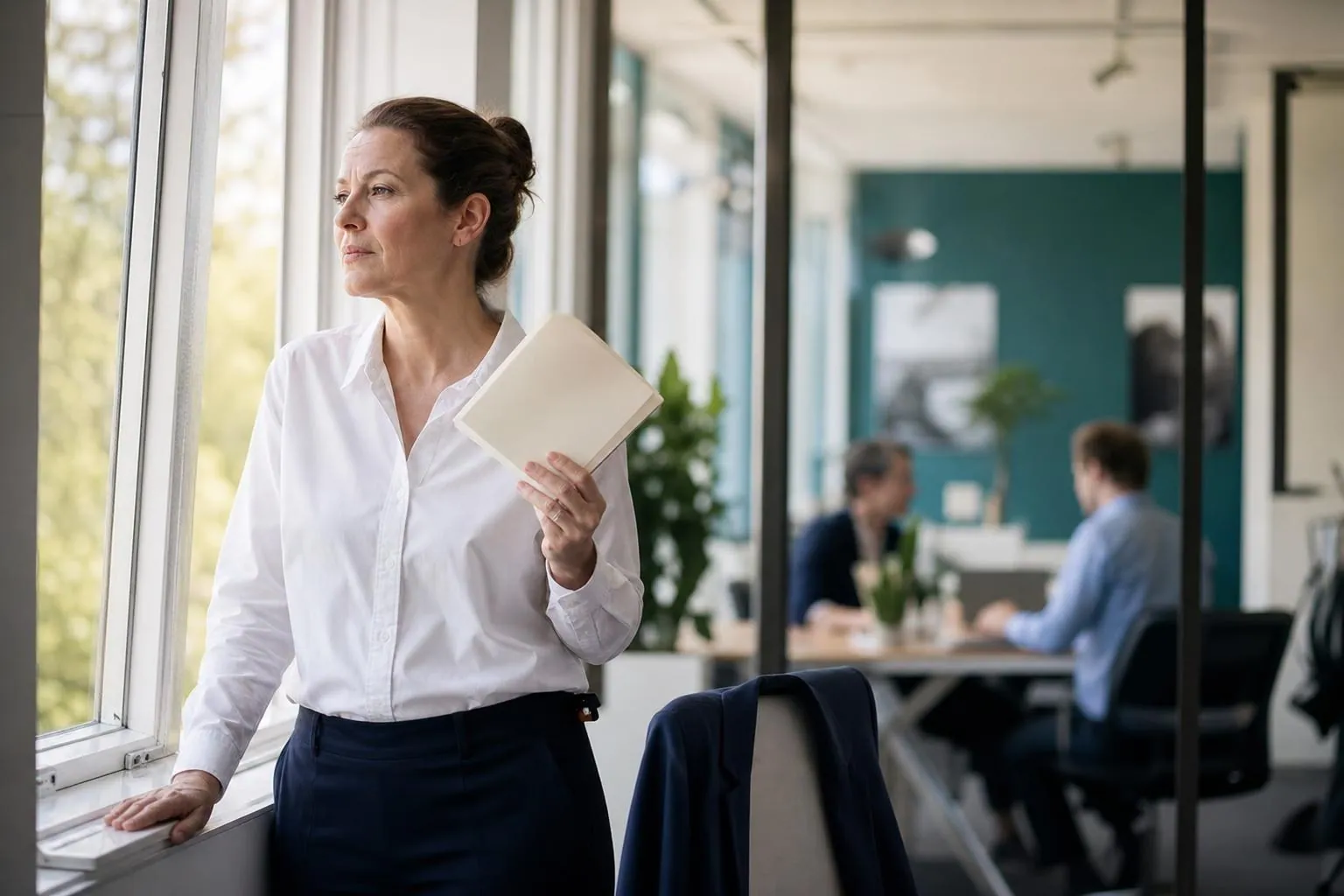 Femme d’une cinquantaine d’années debout près d’une fenêtre entrouverte dans un bureau clair, s’éventant discrètement avec un carnet pendant une pause