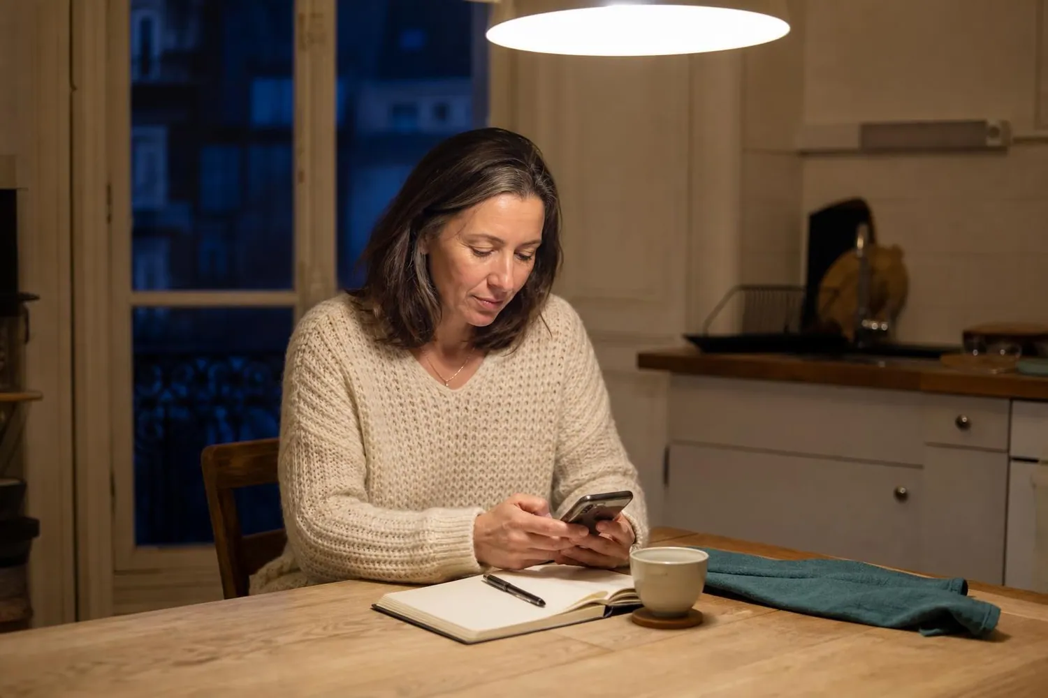 Femme d’une cinquantaine d’années assise le soir à sa table de cuisine, un carnet ouvert devant elle, notant calmement quelques lignes sur son téléphone